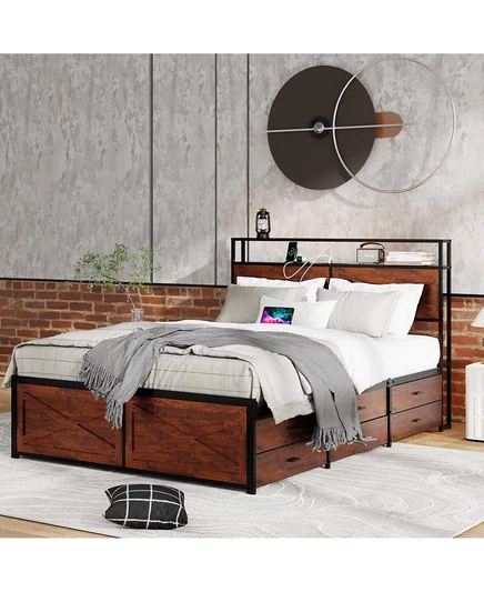 Каркас двуспальной кровати Streamdale Furniture- Изголовье для хранения вещей, 12 выдвижных ящиков, светодиодная подсветка коричневого цвета
