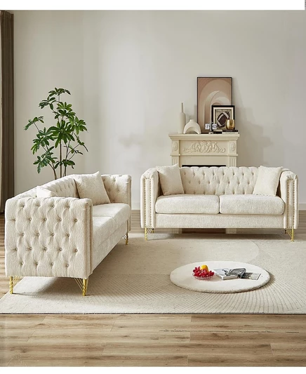 Дизайнерский диван Streamdale Furniture с синелевой пряжкой для гостиной, украшенный медными Гвоздиками Подлокотник с Пуговицами, Современная обивка дивана на пуговицах И Металлические ножки коричнево-бежевого цвета