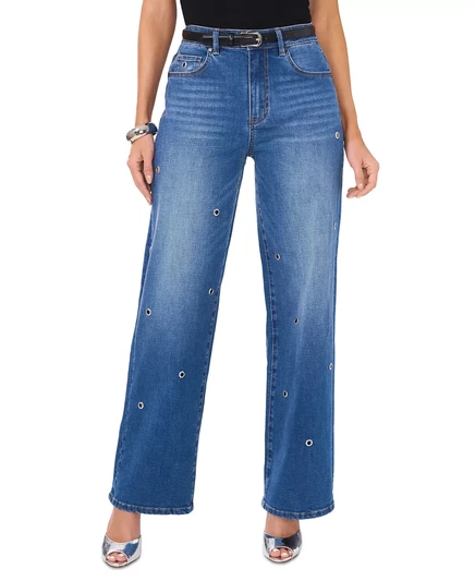  Женские джинсы прямого кроя, украшенные люверсами denim