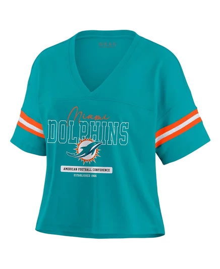 WEAR by Erin Andrews/ женская футболка с V-образным вырезом и скромным вырезом лодочкой Aqua Miami Dolphins в цветном блоке от Erin Andrews aqua