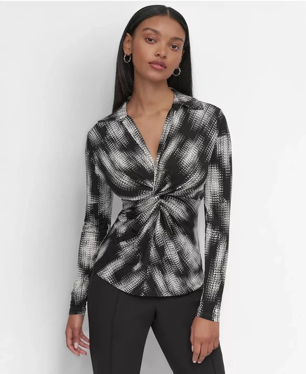 Топ с закручивающимся воротником спереди и абстрактным принтом  DKNY black combo
