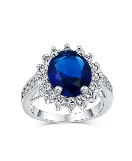 Ювелирные изделия Bling Classic 5CTW Royal CZ Crown Halo Овальный Кубический цирконий с боковыми камнями Promise Ring Посеребренное кольцо синего цвета