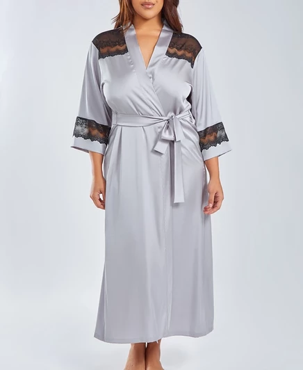 Длинный халат из шелковистого эластичного атласа ICollection Plus Size с кружевной отделкой