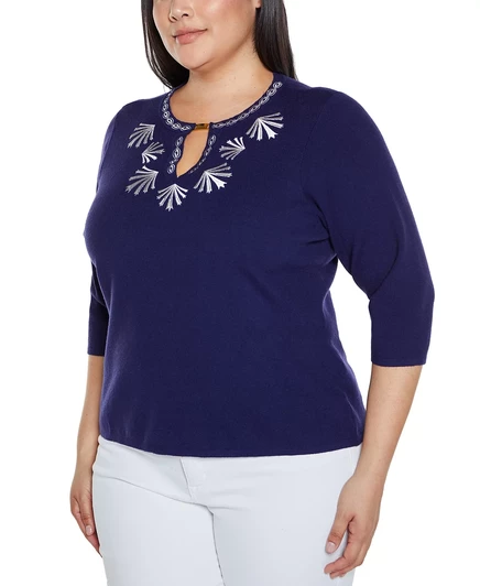 Свитер с вышивкой Black Label и раздельным вырезом от Belldini Plus Size twilight blue