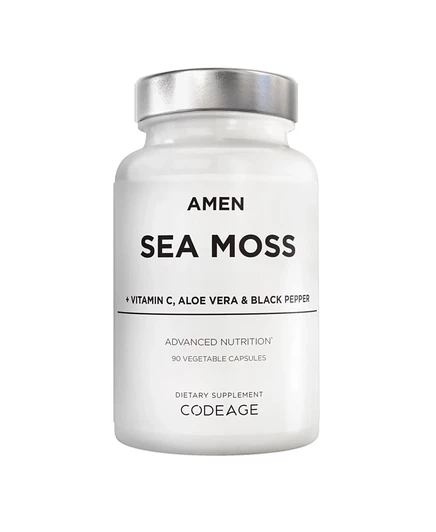 Добавка из морского мха Amen - 1000 мг органического Ирландского морского мха, мочевого пузыря, Лопуха - Витамин С, Алоэ Вера, Черный перец, Витамины, минералы, 90 капсул белого цвета