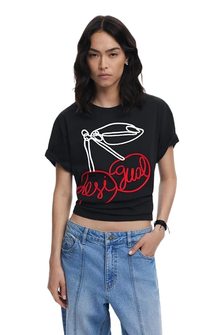 Женская футболка Desigual Cherry с 3D мотивом вишни, черная