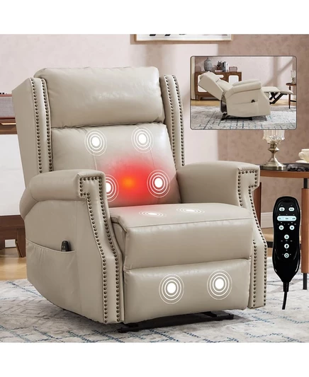 Кресло-реклайнер Streamdale Furniture из бежевой искусственной кожи с ручным управлением, 8 вибрирующими узлами и 3 режимами массажа.