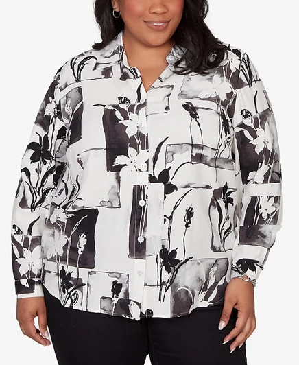 Топ Alfred Dunner Plus Size в стиле пэчворк с цветочным принтом и пуговицами спереди, черный