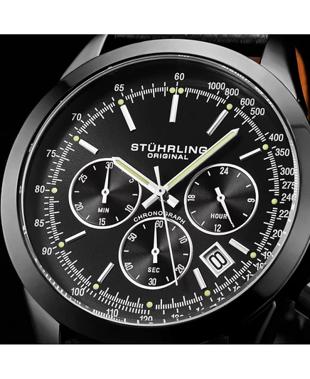 Мужские часы Stuhrling Monaco из черной кожи, черный циферблат, круглые часы диаметром 44 мм black