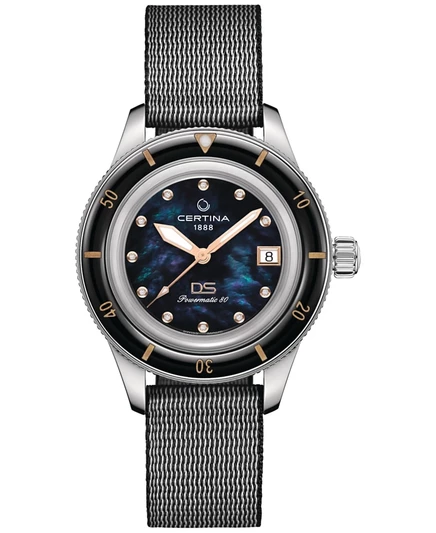 Часы Certina Unisex Swiss Automatic DS с бриллиантом Podium (1/20 карата) на черном синтетическом ремешке, 39 мм, черный перламутр
