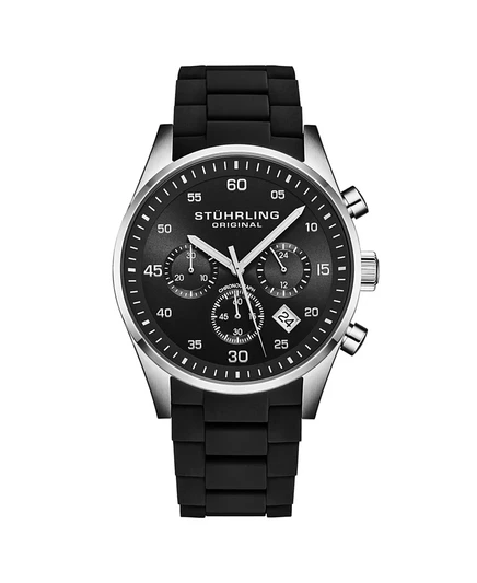 Мужские кварцевые часы Stuhrling Velocity 4076 с хронографом диаметром 43 мм – Многофункциональный циферблат, хрусталь Krysterna, силиконовый ремешок, длина 50 м, черный