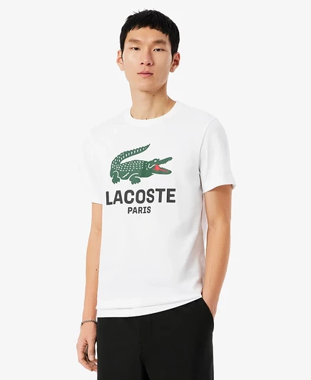 Мужская хлопковая футболка Lacoste с круглым вырезом и коротким рукавом белого цвета