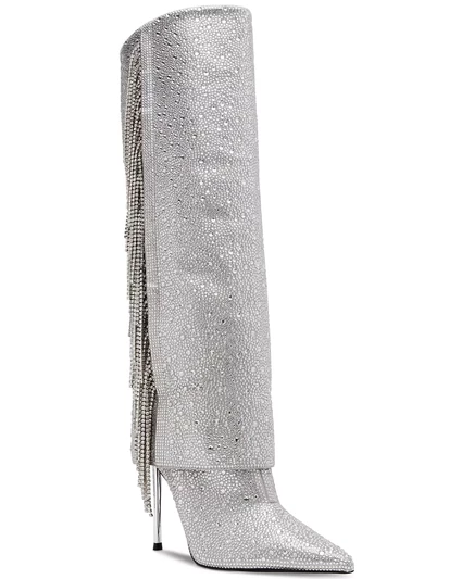  Женские высокие модельные сапоги Sanya на шпильке со стразами и манжетами silver rhinestone