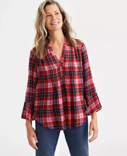  Женский топ с оборками на рукавах и защипах с принтом, созданный для Macy's red plaid