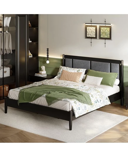 Двуспальная кровать Streamdale Furniture из массива дерева, изголовье с серой обивкой, Пружинный блок не требуется
