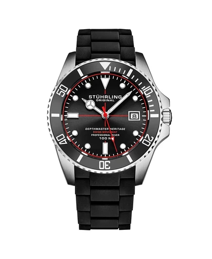 Мужские швейцарские кварцевые часы для дайверов Stuhrling Depthmaster Heritage 4087, черный циферблат диаметром 44 мм с красными вставками, черный