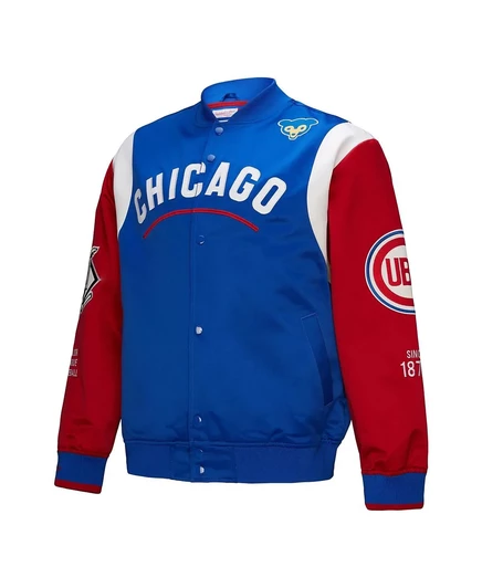 Мужская атласная куртка на кнопках Team Origins из коллекции Chicago Cubs Cooperstown от Mitchell & Ness синего/красного цвета royal