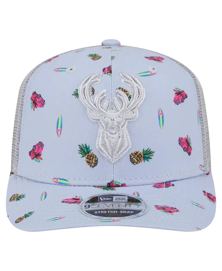 Мужская светло-голубая/серая шляпа Milwaukee Bucks Adventure Aloha с рисунком 9SEVENTY на эластичной застежке от New Era light blue, gray