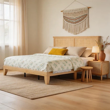 Каркас кровати Gaomon Boho, Изголовье кровати из ротанга со светодиодной подсветкой, Бесшумная платформа, Каркас кровати из светлого Дерева коричневого цвета