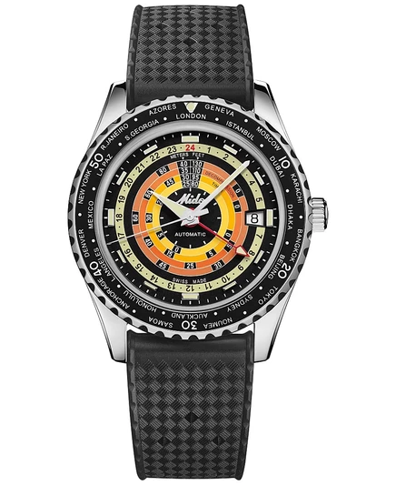 Швейцарские часы Mido Unisex Swiss с автоматической декомпрессией Ocean Star с часовым механизмом Worldtimer на черном каучуковом ремешке 41 мм черный
