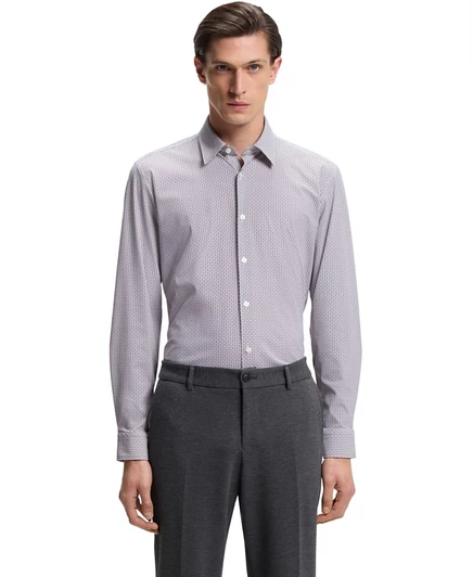 Мужская приталенная рубашка из эластичного джерси с принтом BOSS by Hugo Boss от Hugo Boss коричнево-бежевого цвета