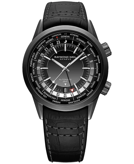 Мужские швейцарские часы Raymond Weil с автоподзаводом Freelancer GMT на черном кожаном ремешке 41 мм черного цвета