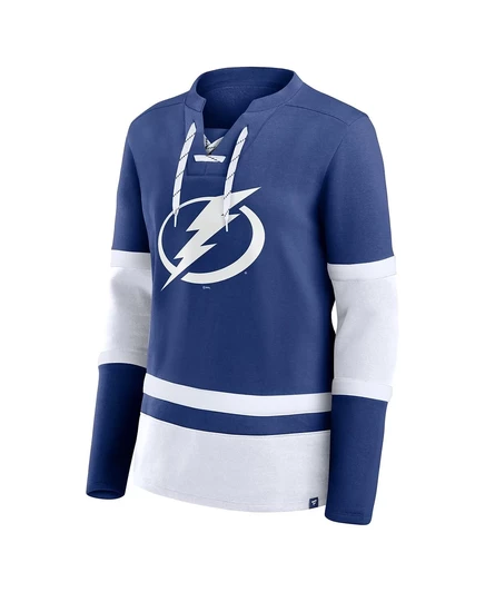 Женская синяя футболка Fanatics Tampa Bay Lightning Prime Time на шнуровке с длинным рукавом blue, white