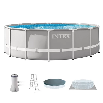 Надземный бассейн Intex с призмой размером 15 футов x 48 дюймов, оснащенный лестницей и крышкой серого цвета