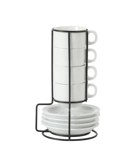 Набор из 4-х чашек эспрессо Gibson Home Gracious Dining емкостью 3 унции, Маленькие кофейные чашки с 4 блюдцами, Металлическая подставка, Керамические кружки белого цвета
