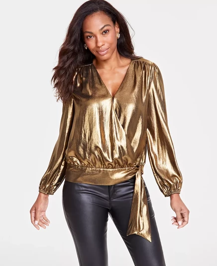  Женская блузка с завязками на талии из фольги, созданная для Macy's gold