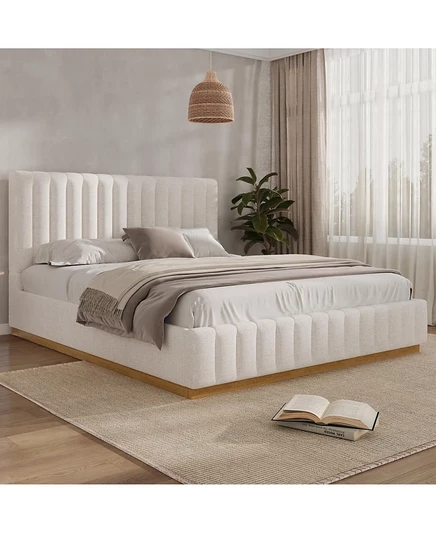 Мебель Streamdale Каркас кровати Streamdale King Size, обитый льняной тканью, с основанием из массива дерева, бежево-коричневый/бежевый