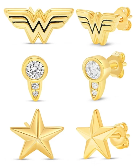 Комплект позолоченных сережек-гвоздиков DC Comics Wonder Woman - 3 пары золотых
