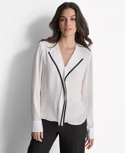  Женская блузка  DKNY с воротником и отделанными лацканами DKNY linen wht/