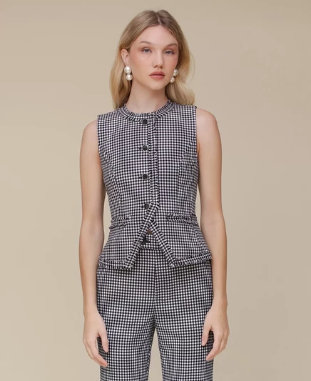  Женский клетчатый жилет с вырезом и бахромой dark navy and white