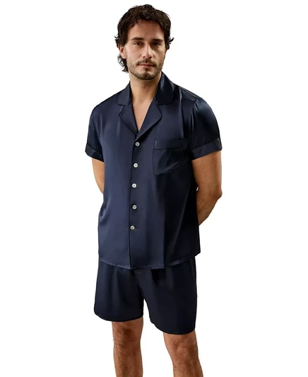 Короткий шелковый пижамный комплект LILYSILK Mens 22 Momme с контрастной отделкой для мужчин navy blue