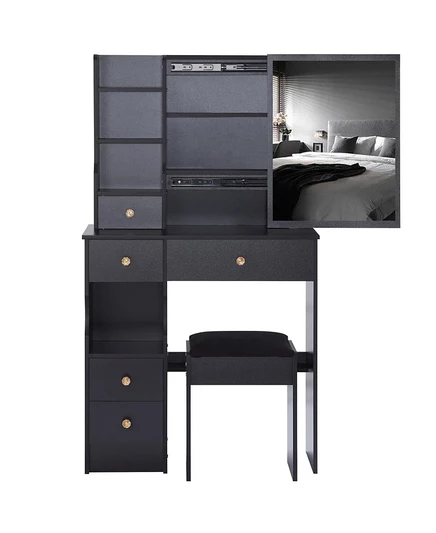 Тонкий туалетный столик Streamdale Furniture с раздвижным зеркалом XL, многослойным местом для хранения вещей, мягким табуретом