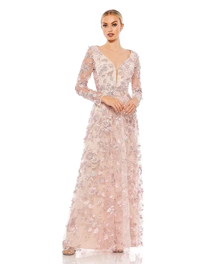 Женское иллюзорное платье с цветочной аппликацией и длинным рукавом rose pink