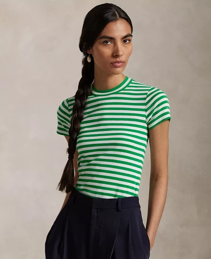  Женская полосатая хлопковая футболка в рубчик с круглым вырезом preppy green/white