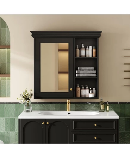 Навесной шкаф CASAINC 30″×28″ с зеркалом и полками, черный
