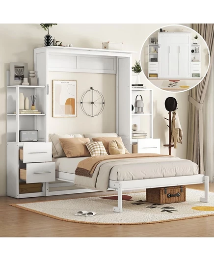 Мебель Streamdale Полноразмерная кровать Murphy Bed Настенная кровать с полками, выдвижными ящиками и светодиодной подсветкой белого цвета