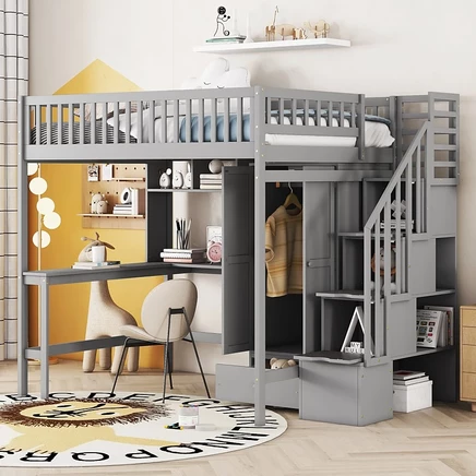 Полноразмерная Кровать-Чердак Streamdale Furniture С Книжной Полкой, Выдвижными Ящиками, Письменным Столом И Шкафом