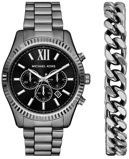 Мужские часы и браслет Michael Kors с хронографом Lexington Chronograph Gunmetal из нержавеющей стали, 44 мм серого цвета