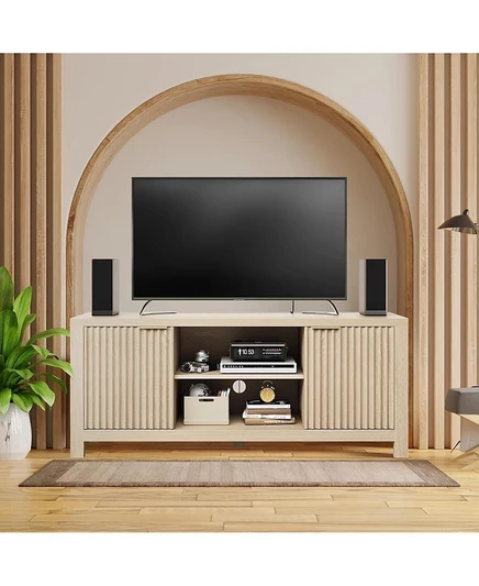 подставка для телевизора gaomon 65" с рифлением - Современный развлекательный центр с 2 шкафами для хранения и открытыми полками, прочная консоль коричнево-бежевого цвета