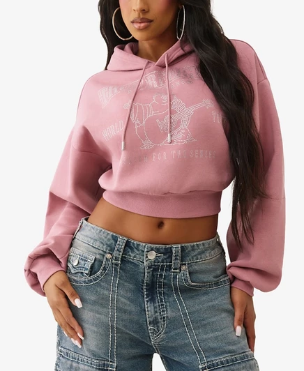 Женский укороченный пуловер с капюшоном True Religion из кристаллов розового цвета