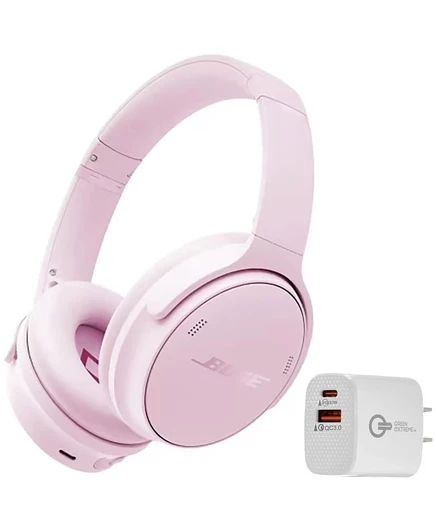 Беспроводные накладные наушники Bose QuietComfort с шумоподавлением, розовые лепестки, в комплекте с настенным зарядным устройством USB-C / USB-A, розовые
