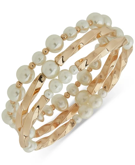 Золотые браслеты Anne Klein, 3 шт. Набор витых эластичных браслетов с имитацией жемчуга коричнево-бежевый