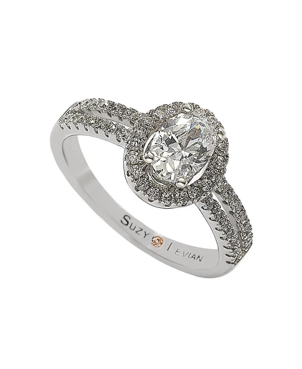 Серебряное кольцо Suzy Levian из стерлингового серебра овальной огранки с белым кубическим цирконием в виде ореола в центре, серебряное кольцо