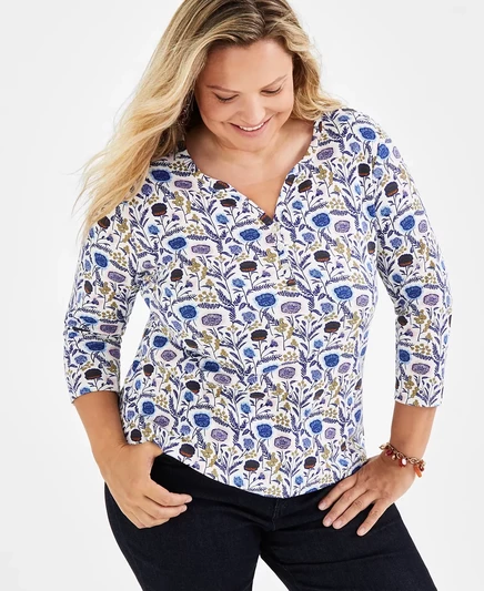  Миниатюрная футболка Henley с принтом 3/4, созданная для Macy's poppy eggnog