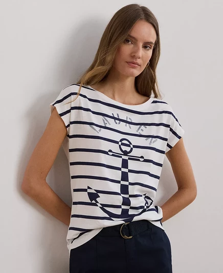  Миниатюрная футболка из джерси в полоску с рисунком якоря white/lauren navy