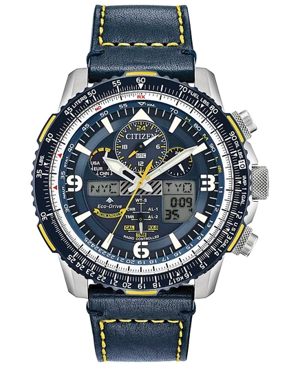 Мужские часы Citizen Eco-Drive с аналого-цифровым хронографом Promaster Blue Angels Skyhawk A-T на синем кожаном ремешке диаметром 46 мм